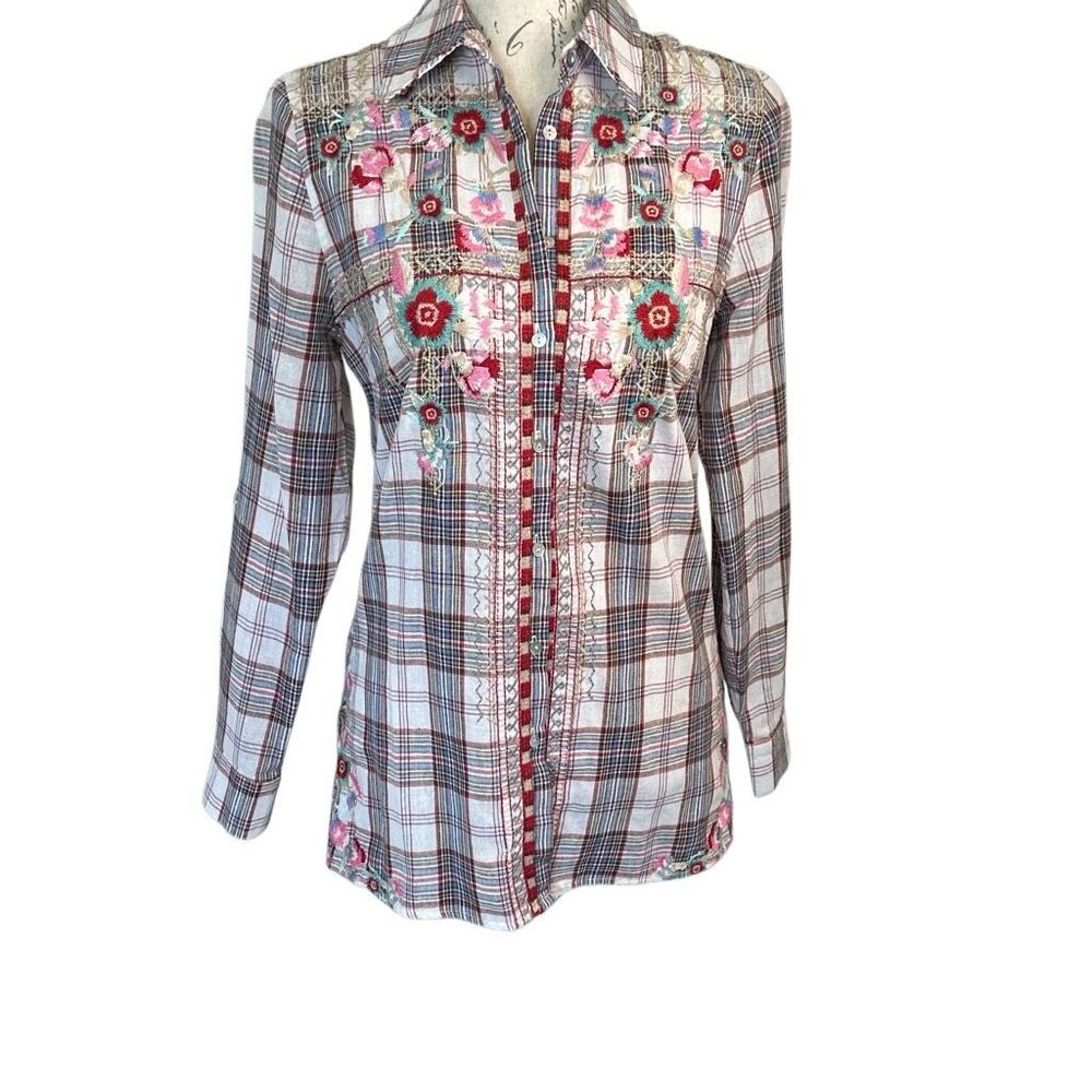 Time for me Boho Floral Embroidered Plaid Button Up Blouse S